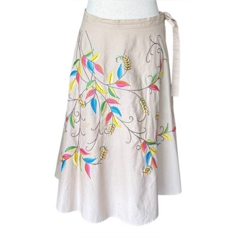 BCBGMAXAZRIA Floral Embroidered Flared A-Line Skirt Tan Neutral 100% Cotton L